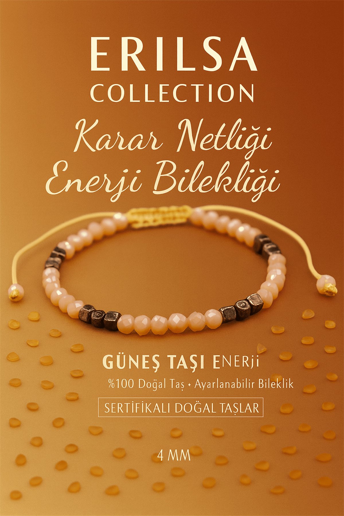 Sertifikalı Karar Netliği Enerji Bilekliği - Güneş Taşı ve Terahertz Doğal Taş 4 mm