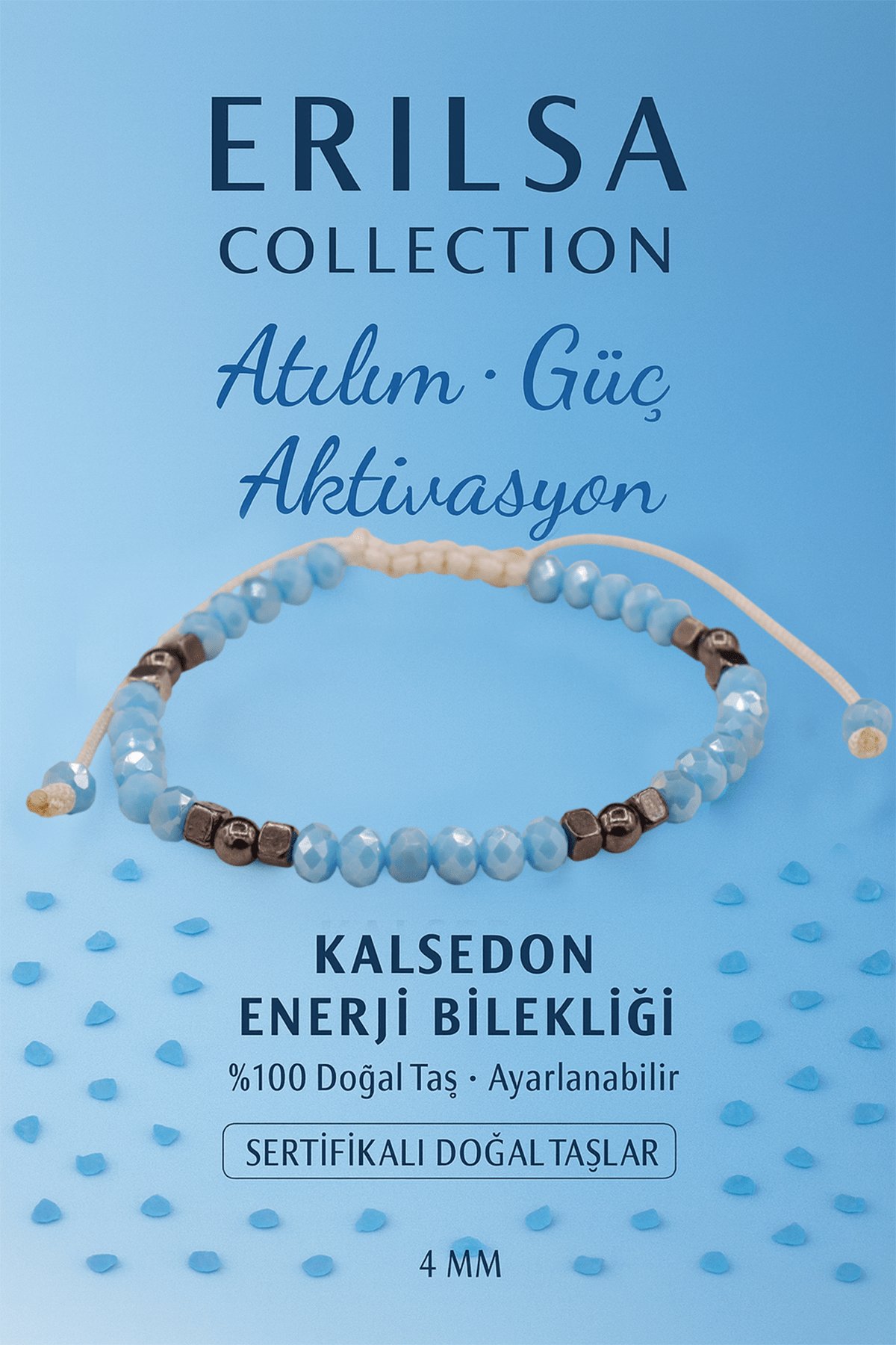 Sertifikalı Atılım Güç Aktivasyon Enerji Bilekliği - Mavi Kalsedon ve Terahertz Doğal Taş 4 mm