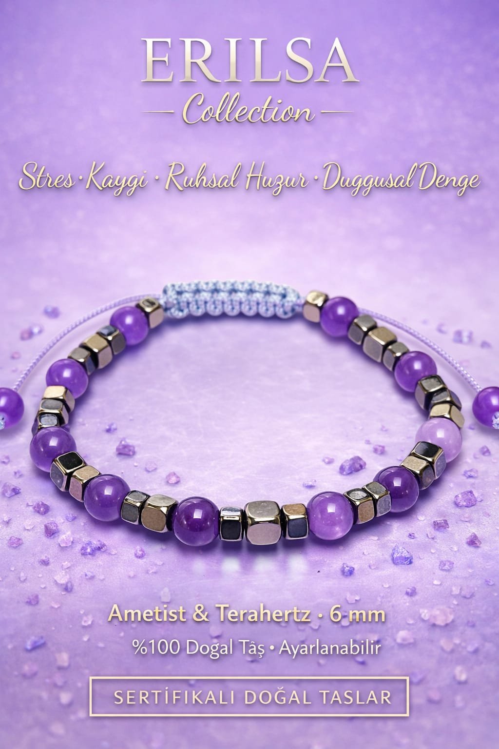 Sertifikalı Stres Kaygı Ruhsal Huzur Duygusal Denge Bilekliği – Ametist Terahertz 6 mm Doğal Taş