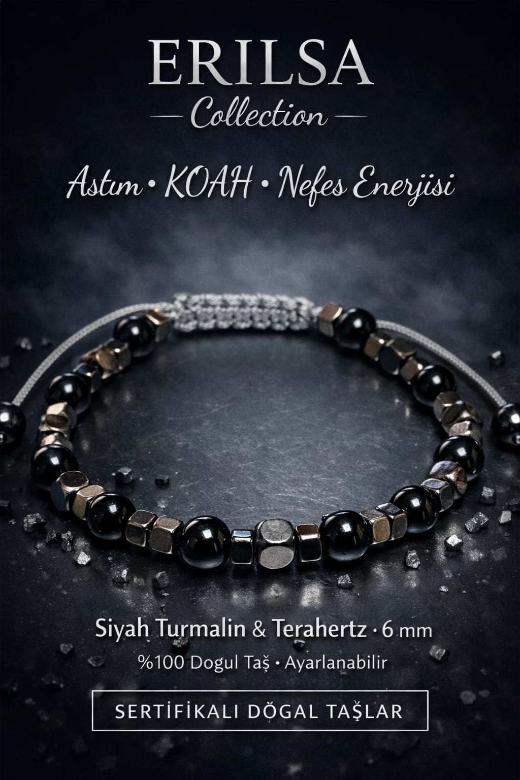 Sertifikalı Nefes Akış Destek Astım KOAH Enerji Bilekliği – Siyah Turmalin Terahertz 6 mm Doğal Taş
