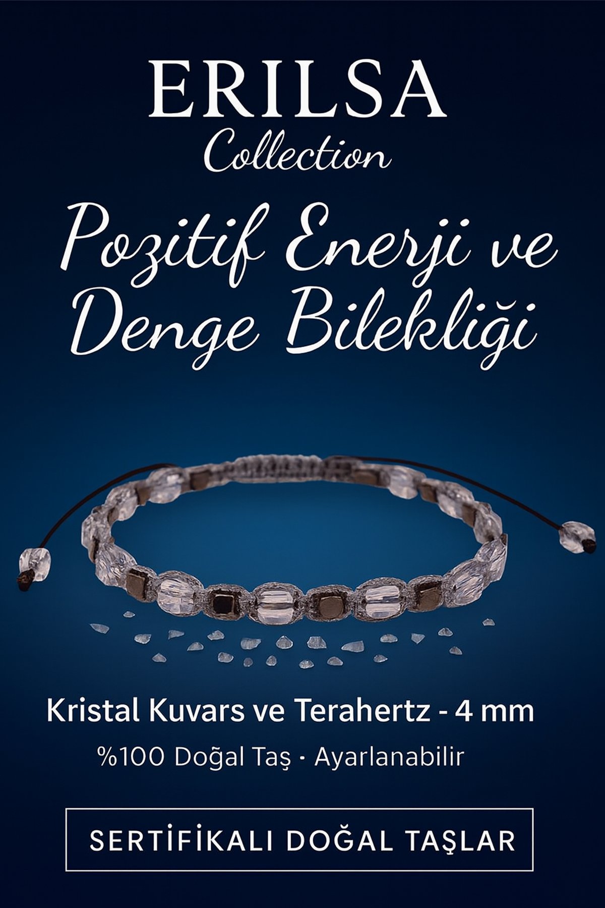 Sertifikalı Pozitif Enerji ve Denge Bilekliği – Kristal Kuvars ve Terahertz Doğal Taş 4 mm