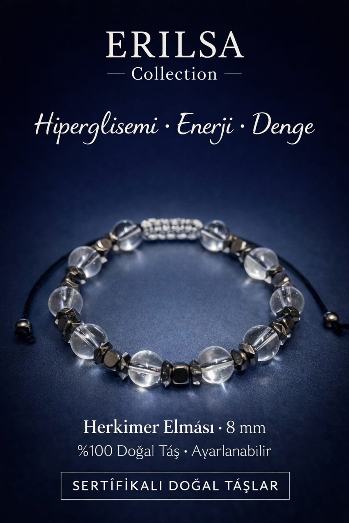 Sertifikalı Hiperglisemi Şeker Enerji ve Denge Bilekliği – Herkimer Elması (Herkimer Diamond) Taşı