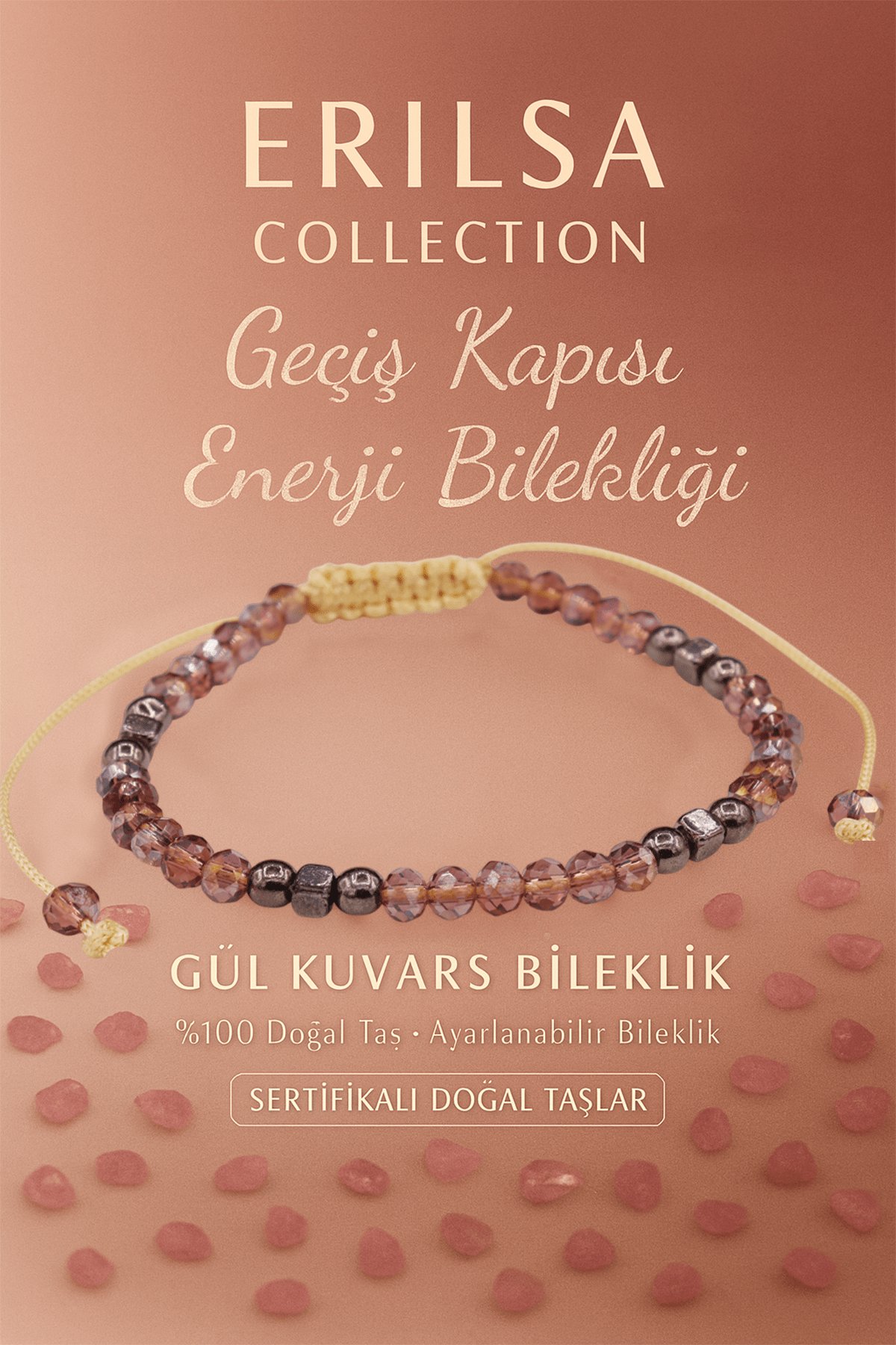 Sertifikalı Geçiş Kapısı Enerji Aktivasyonu Bilekliği – Gül Kuvars ve Terahertz Doğal Taş 4 mm