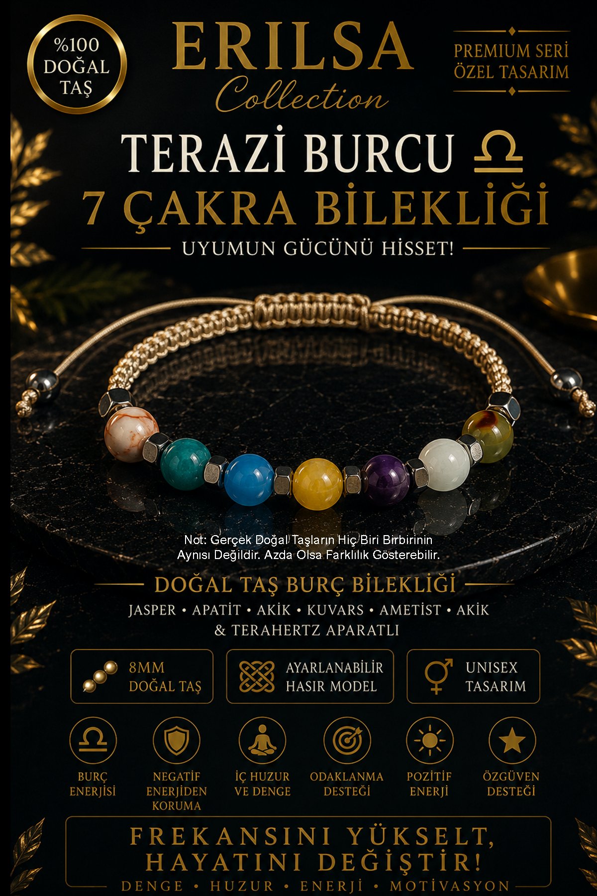 Sertifikalı Terazi Burcu 7 Çakra Doğal Taş Bileklik -Ayarlamalı Unisex Lüks Hem Bileklik Hem Halhal