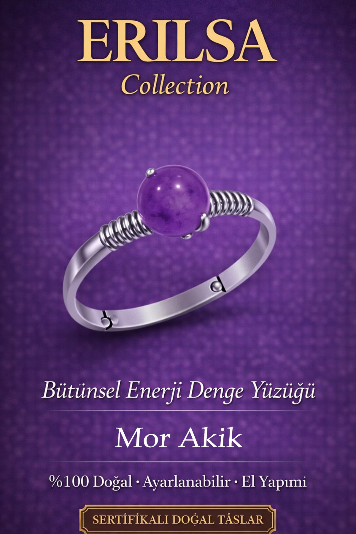 Sertifikalı Bütünsel Enerji Denge Yüzüğü – Mor Akik Taşı Ayarlamalı İnce Kasa Akrep Kova Oğlak Burç