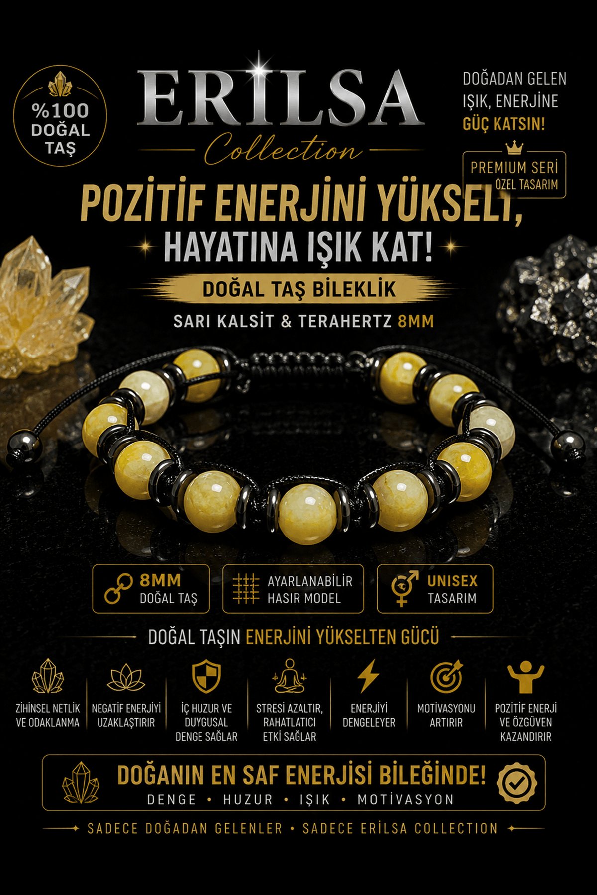 Sertifikalı Sarı Kalsit Terahertz Doğal Taş Bileklik 8 MM Ayarlanabilir Unisex Model
