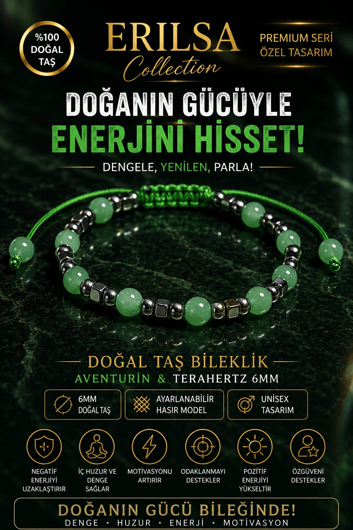 Sertifikalı Aventurin Terahertz Doğal Taş Bileklik 6 MM Ayarlanabilir Unisex Premium Model
