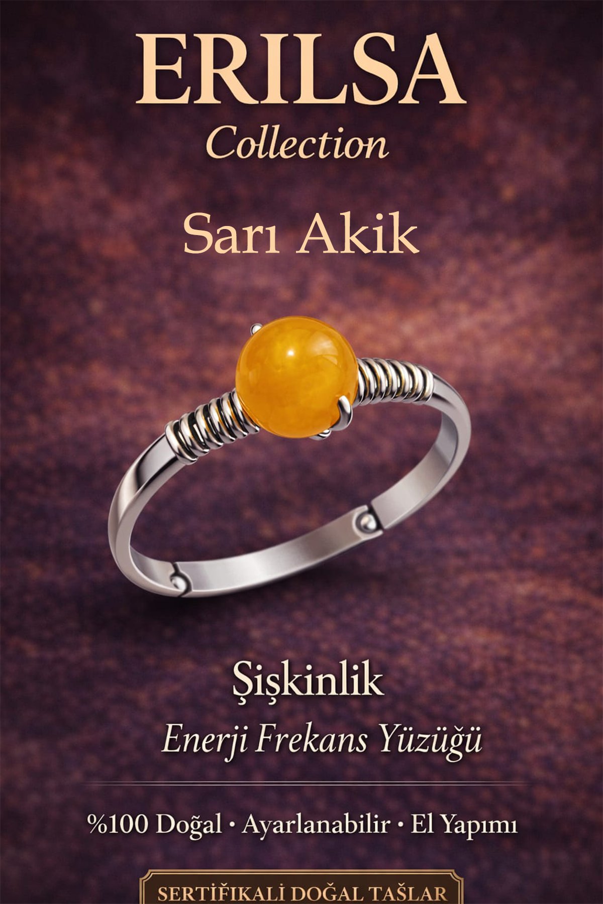 Sertifikalı Şişkinlik Enerji Yüzüğü – Sarı Akik Taşı Ayarlanabilir İnce Kasa Boğa Başak Yengeç 