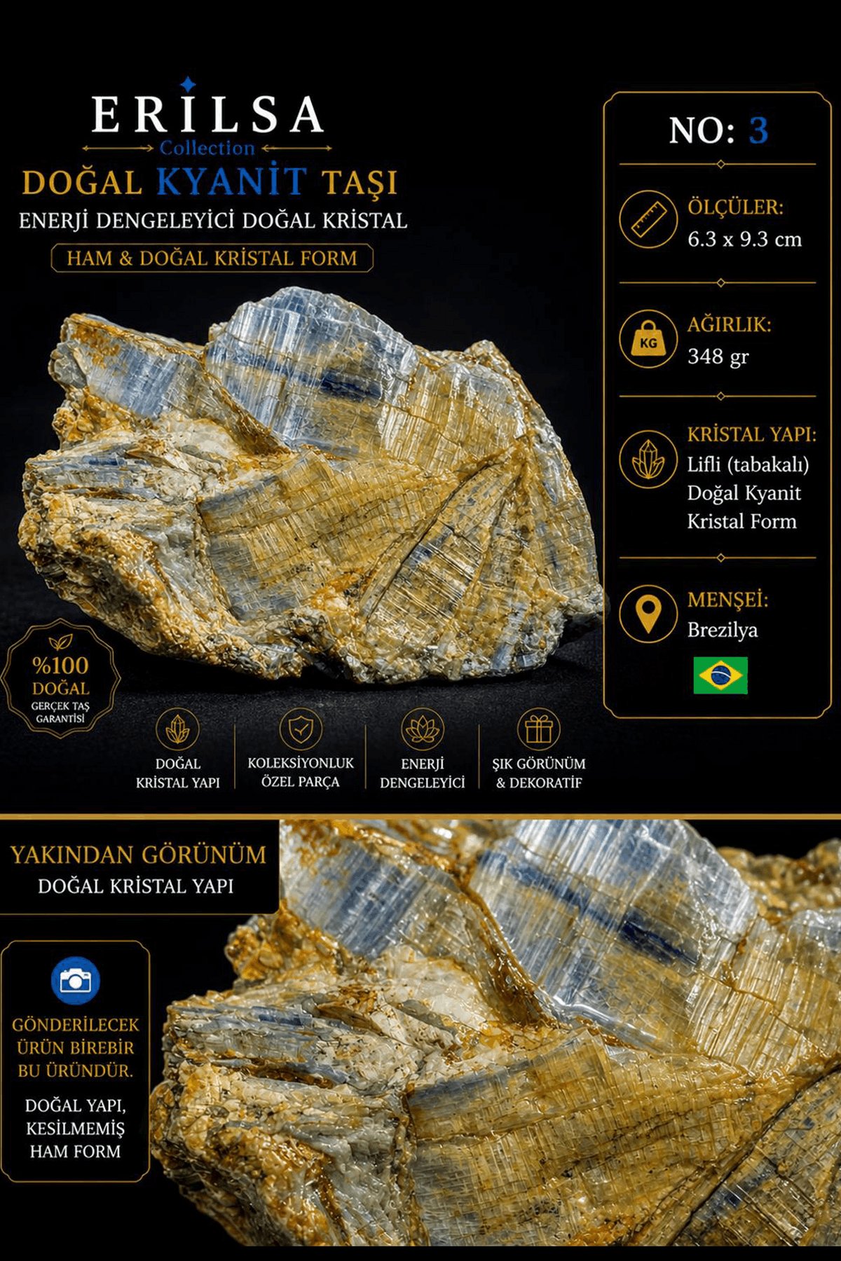 Sertifikalı Doğal Kyanit Taşı Kütle – Ham Lifli Kristal Yapılı Koleksiyonluk Mineral Taşı NO3