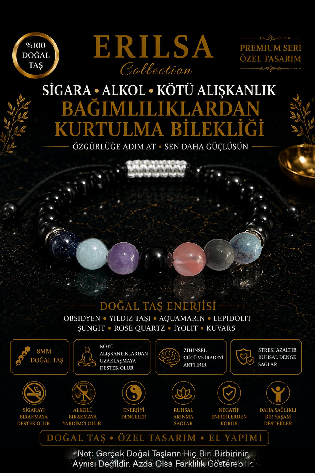 Sertifikalı Doğal Taş Kötü Alışkanlıklardan Uzaklaşma Bilekliği - Ayarlanabilir Unisex Lüks Tasarım
