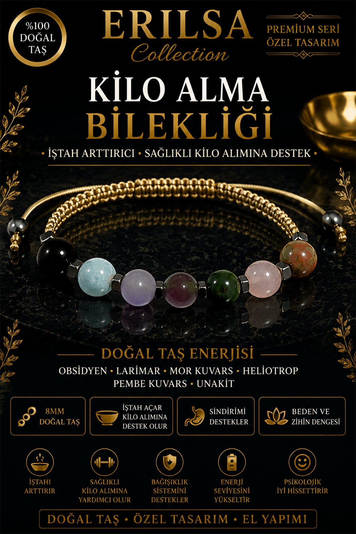 Sertifikalı Doğal Taş Kilo Alma Bilekliği - Ayarlanabilir Unisex Premium Hem Bileklik Hem Halhal