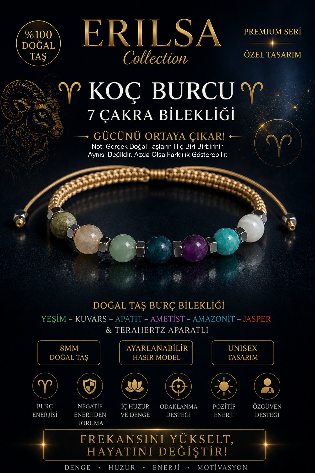 Sertifikalı Koç Burcu 7 Çakra Doğal Taş Bileklik -Ayarlamalı Unisex Premium Hem Bileklik Hem Halhal