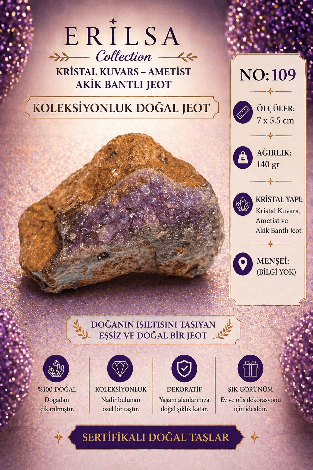 Sertifikalı Kristal Kuvars Ametist Akik Bantlı Jeot Doğal Taş Koleksiyonluk 7x5.5 cm 140 gr NO109