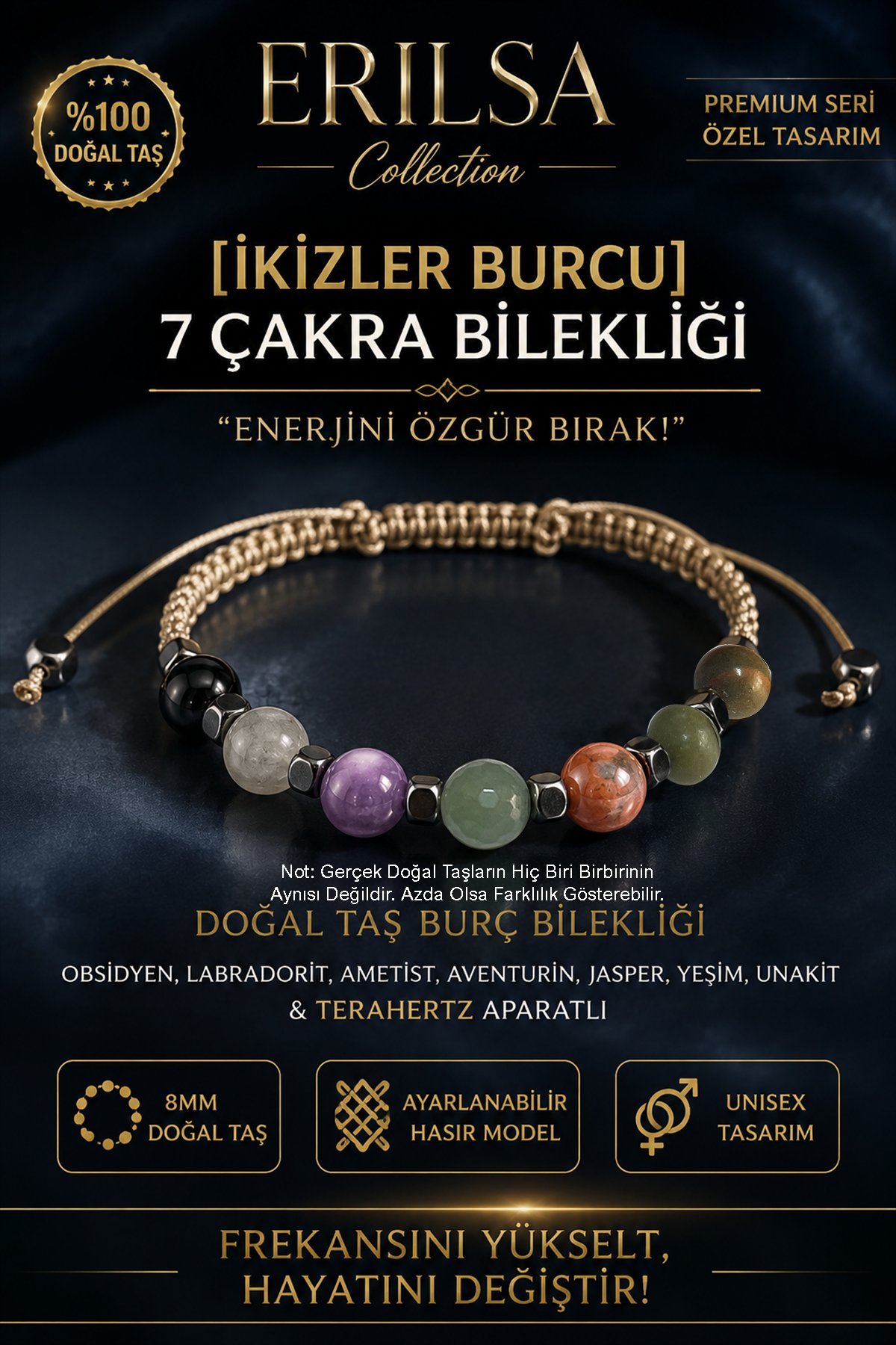 Sertifikalı İkizler Burcu 7 Çakra Doğal Taş Bileklik Ayarlamalı Unisex Lüks Hem Bileklik Hem Halhal