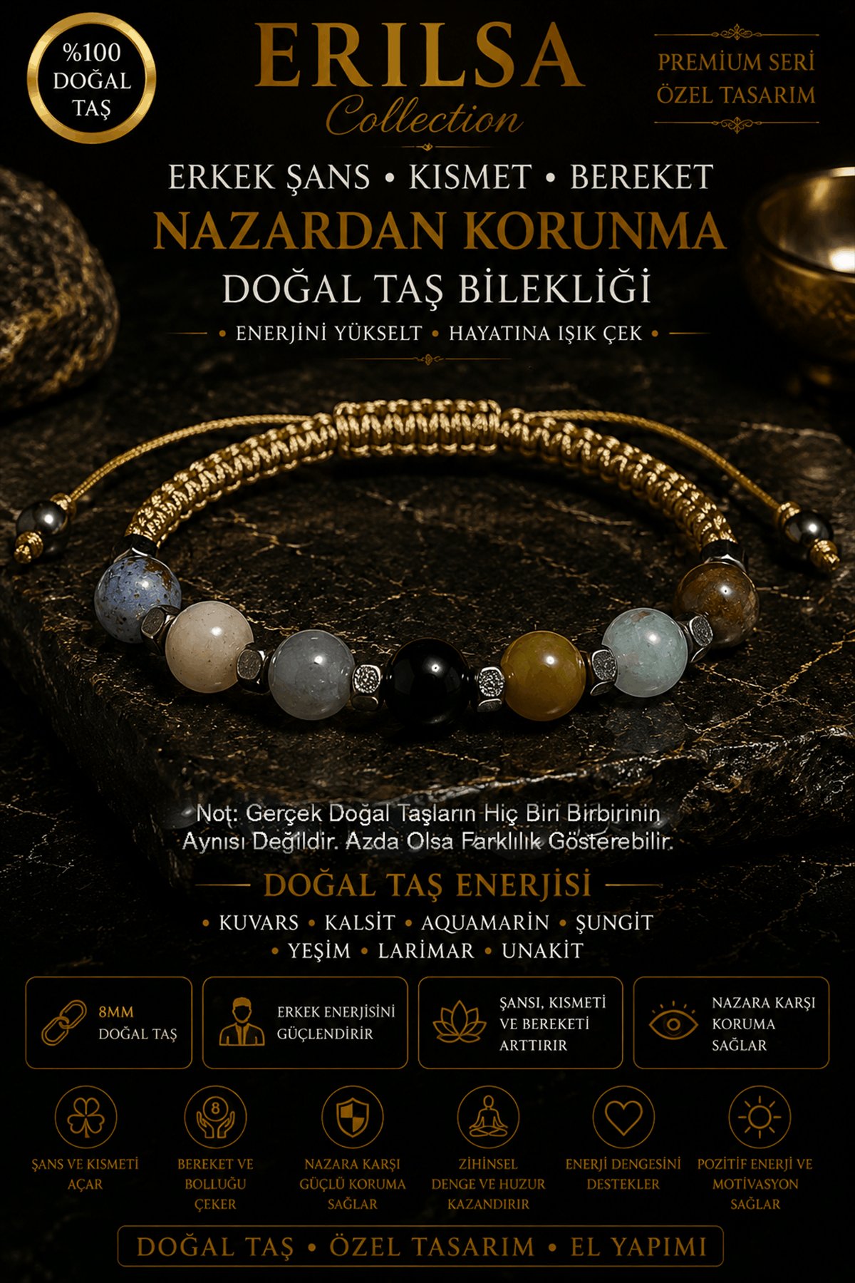 Sertifikalı Erkek Şans Kısmet Bereket Nazardan Korunma Doğal Taş Bilekliği - Ayarlamalı Unisex Lüks