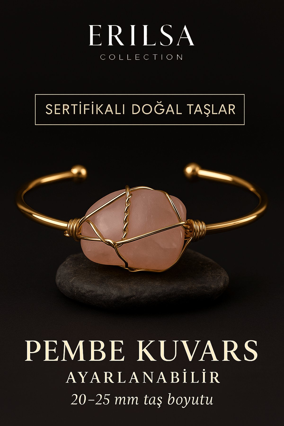 Sertifikalı Doğal Pembe Kuvars Taşı Ayarlanabilir 24K Altın Kaplama Bileklik – 20-25 mm