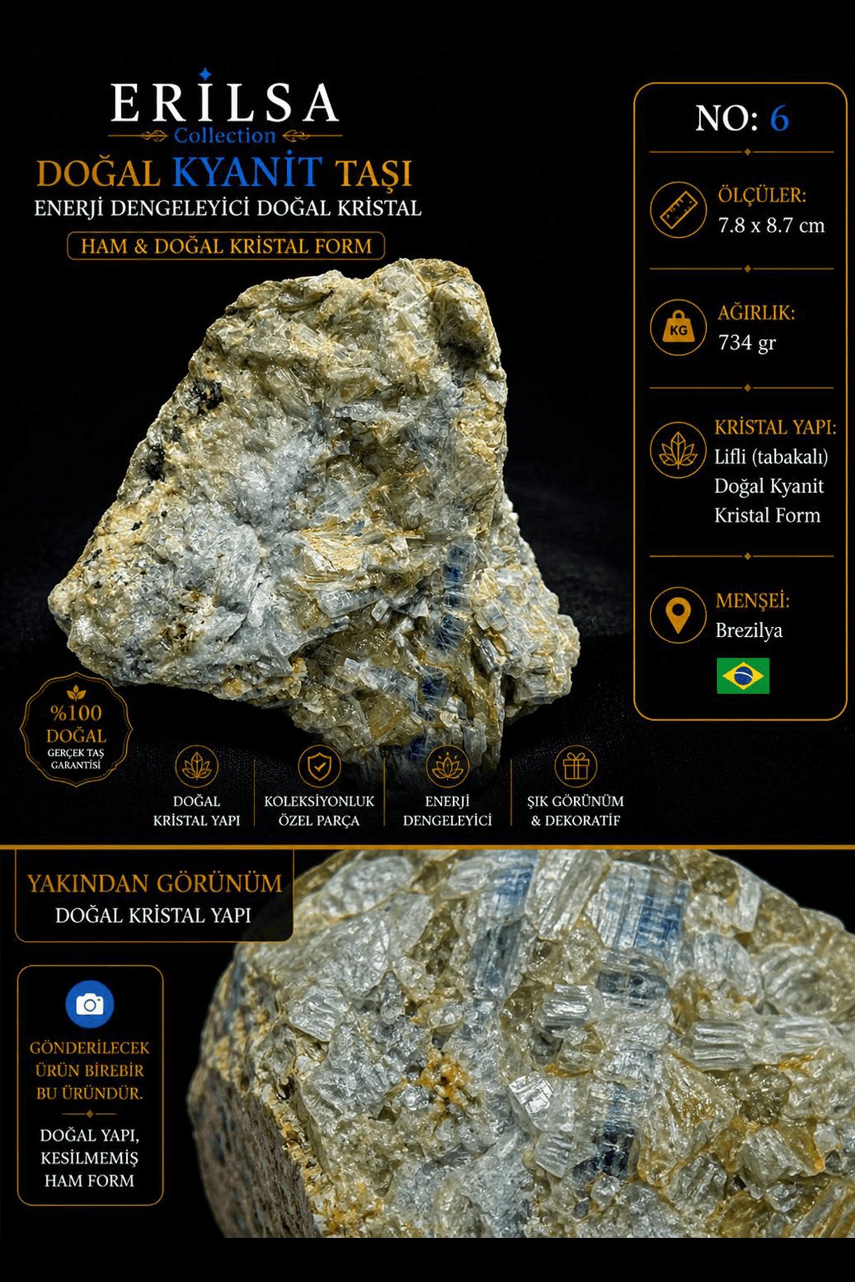 Sertifikalı Doğal Kyanit Taşı Kütle – Ham Kristal Mineral Koleksiyon Taşı NO6