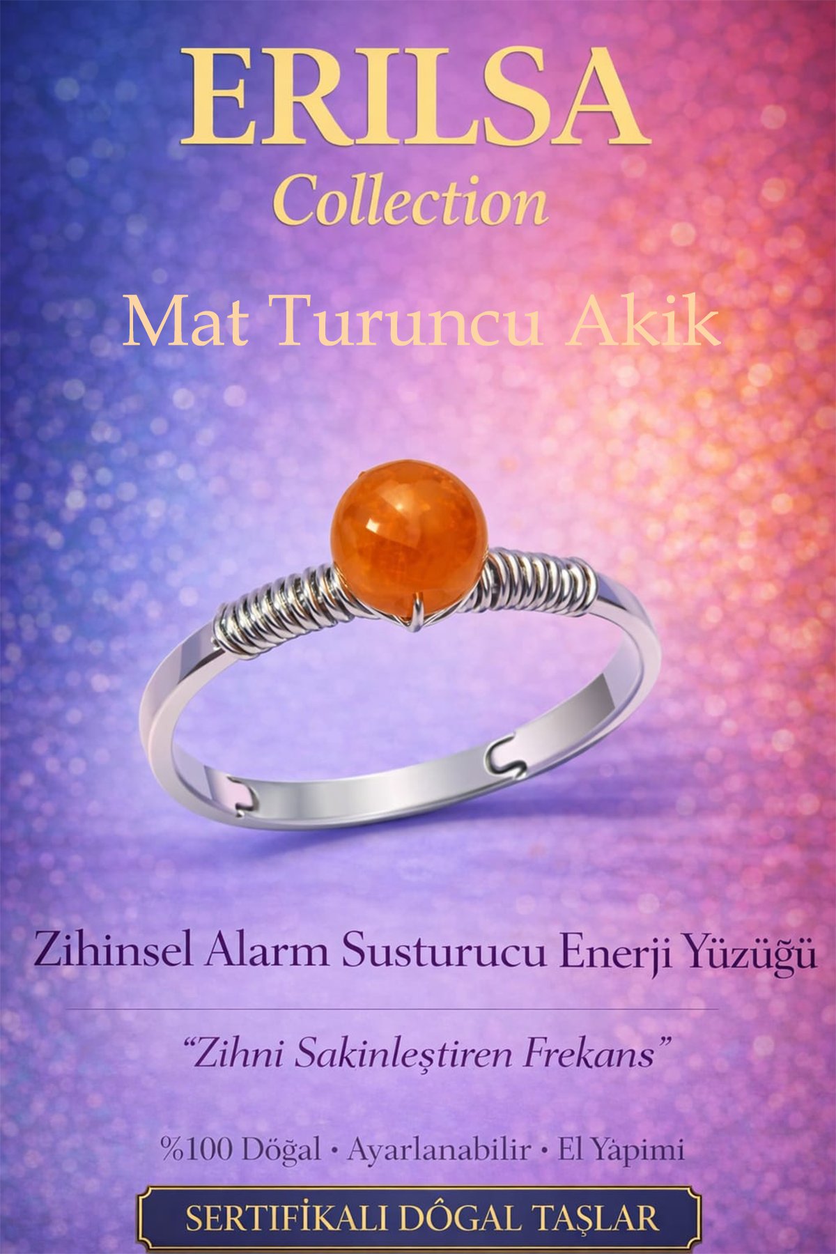 Sertifikalı Zihinsel Alarm Susturucu Yüzük – Mat Turuncu Akik Ayarlamalı İnce Kasa Koç Aslan Başak