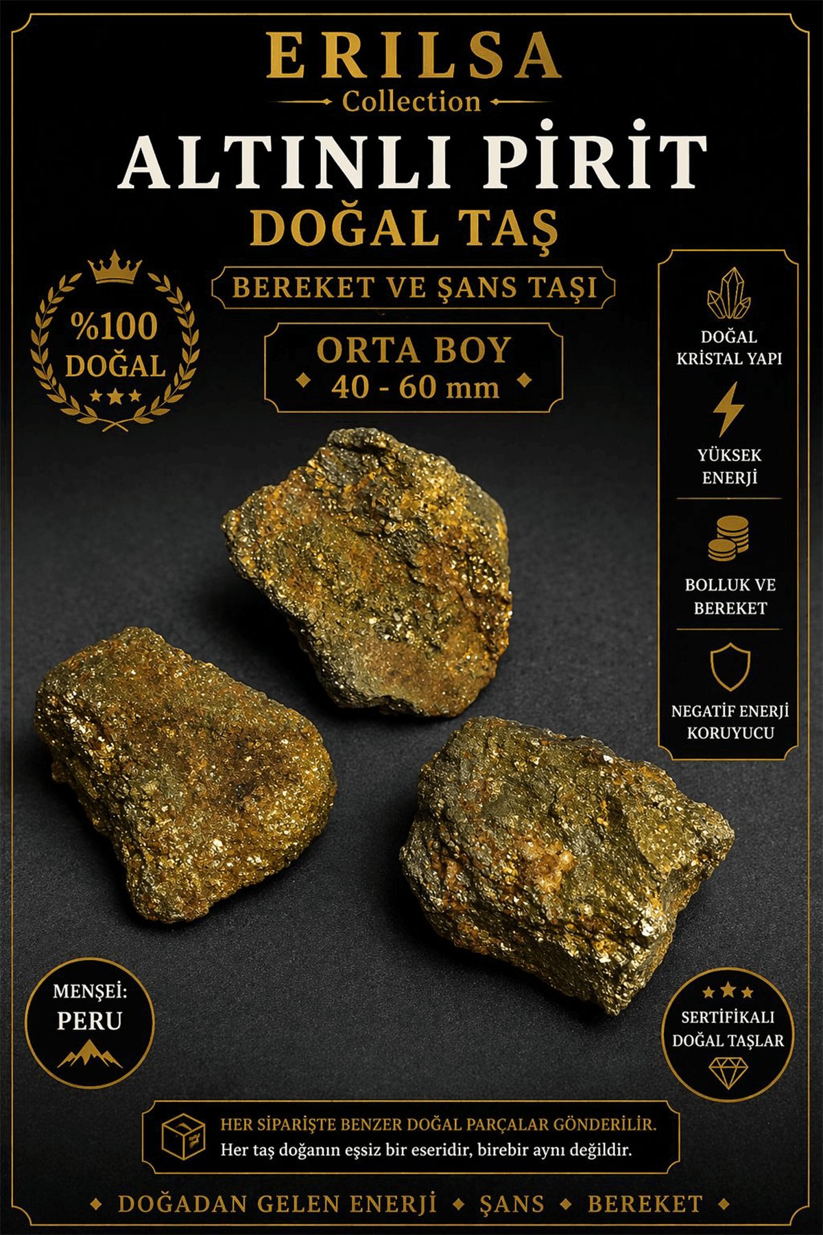 Sertifikalı Altınlı Pirit Doğal Taş Kütle - 60-80 mm Büyük Boy Koleksiyonluk Kaya