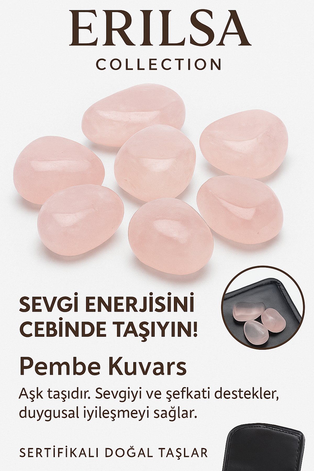 Sertifikalı Cüzdan Boy Pembe Kuvars Taşı Kütle - Sevgi ve Şefkat Duygularını Güçlendirir