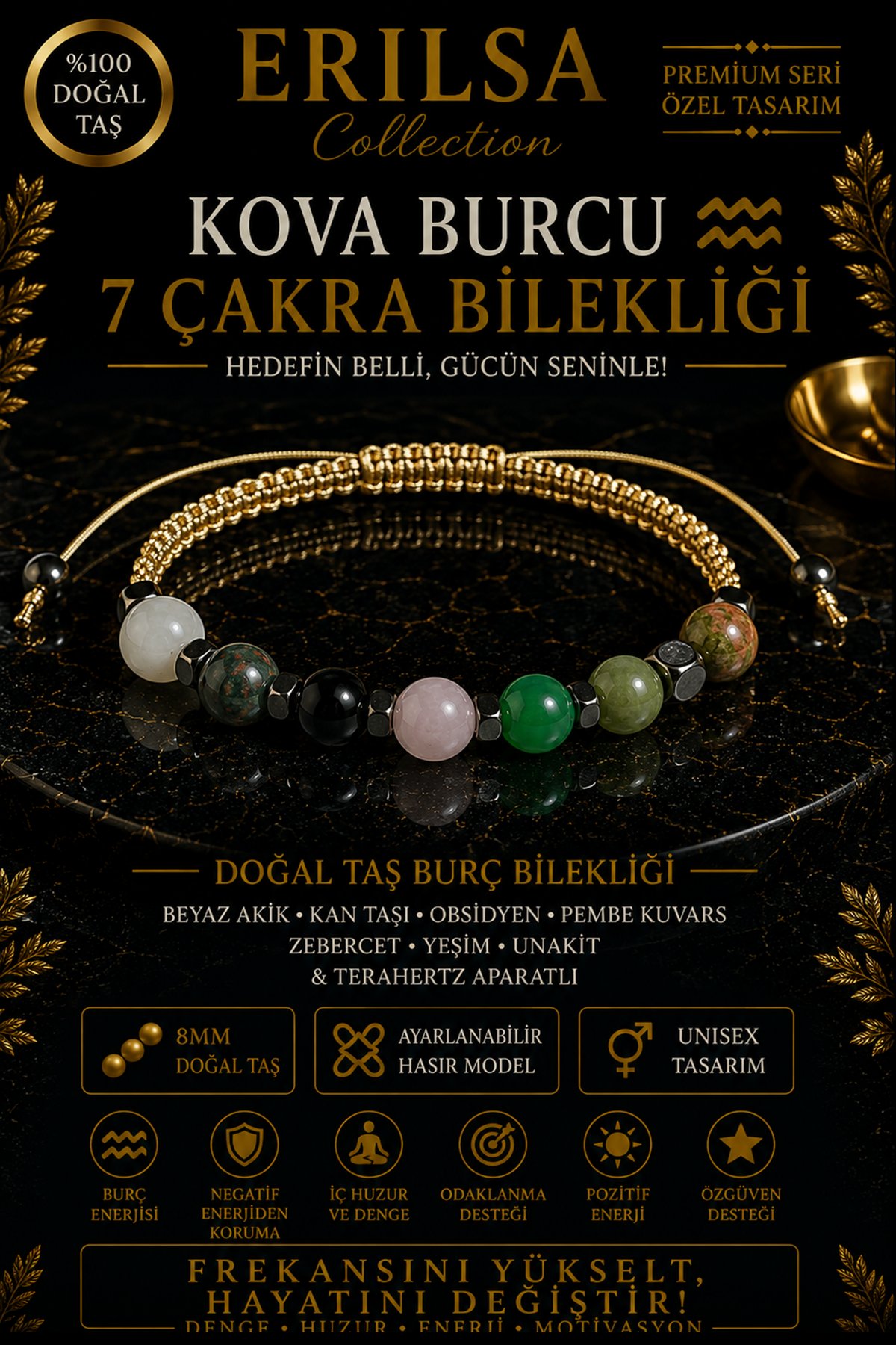 Sertifikalı Kova Burcu 7 Çakra Doğal Taş Bileklik - Ayarlamalı Unisex Lüks Hem Bileklik Hem Halhal