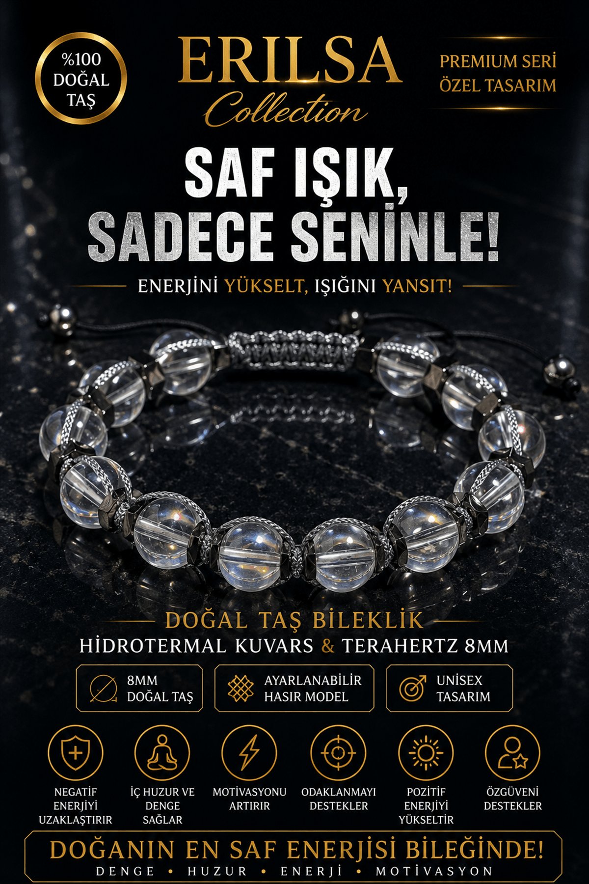 Sertifikalı Hidrotermal Kuvars Terahertz Doğal Taş Bileklik 8 MM Ayarlanabilir Premium Model