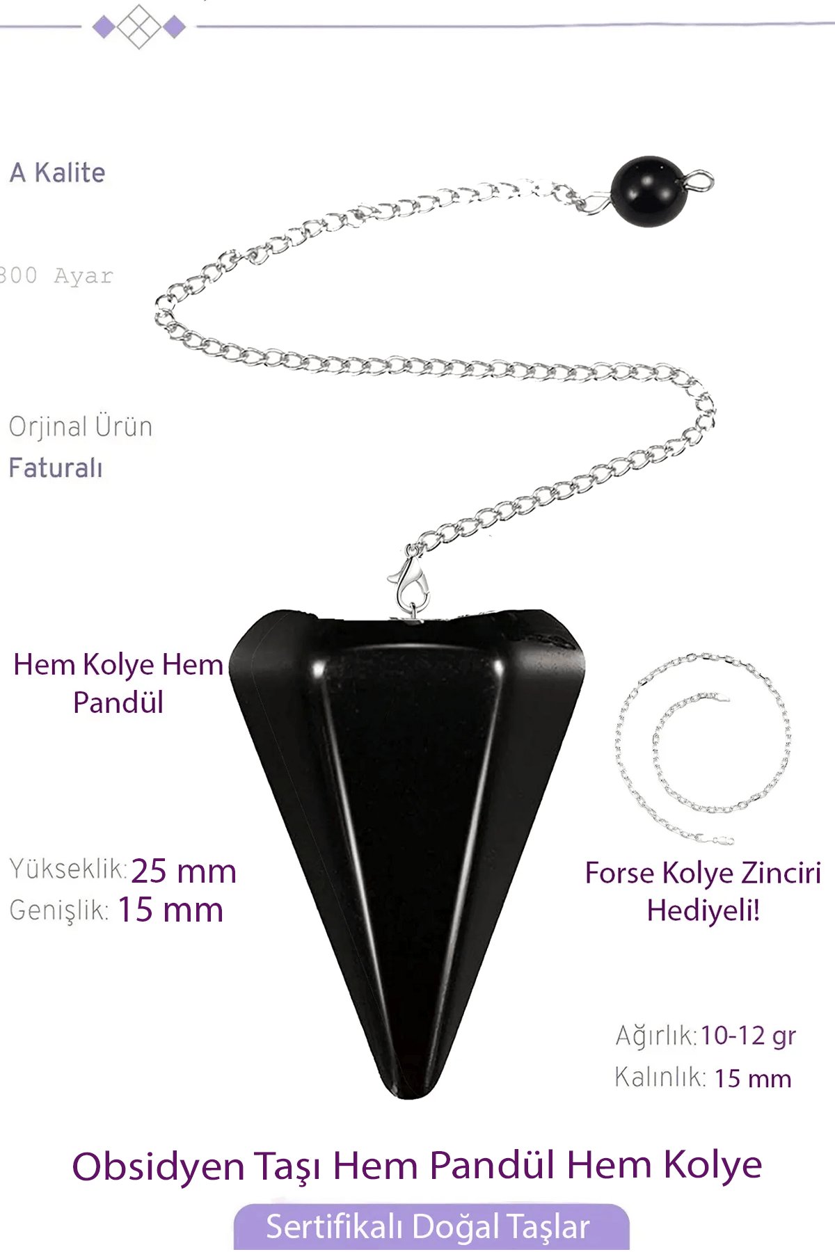 Sertifikalı Obsidyen Taşı Pandül Sarkaç Hem Pandül - Hem Kolye