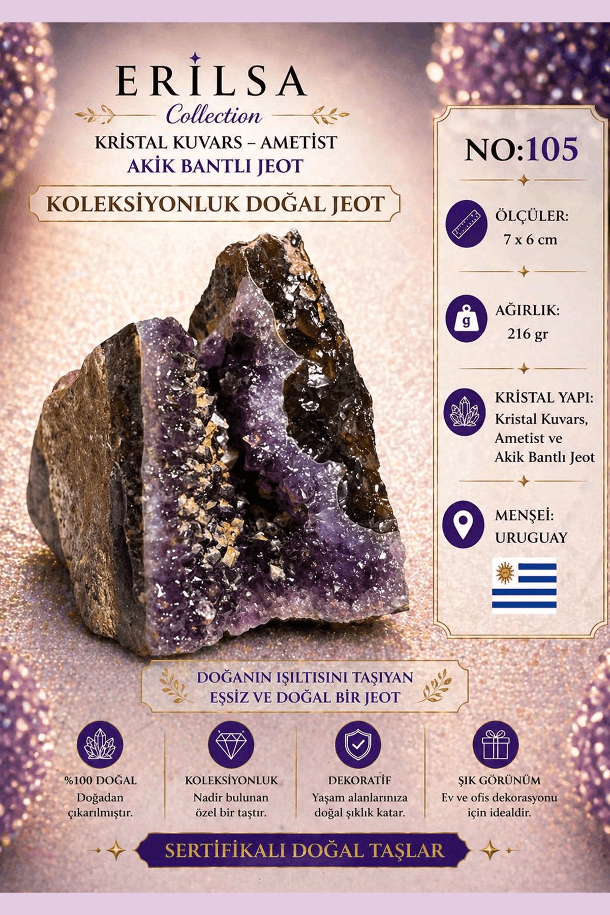 Sertifikalı Kristal Kuvars Ametist Akik Bantlı Jeot Doğal Taş Koleksiyonluk 7x6 cm 216 gr NO105