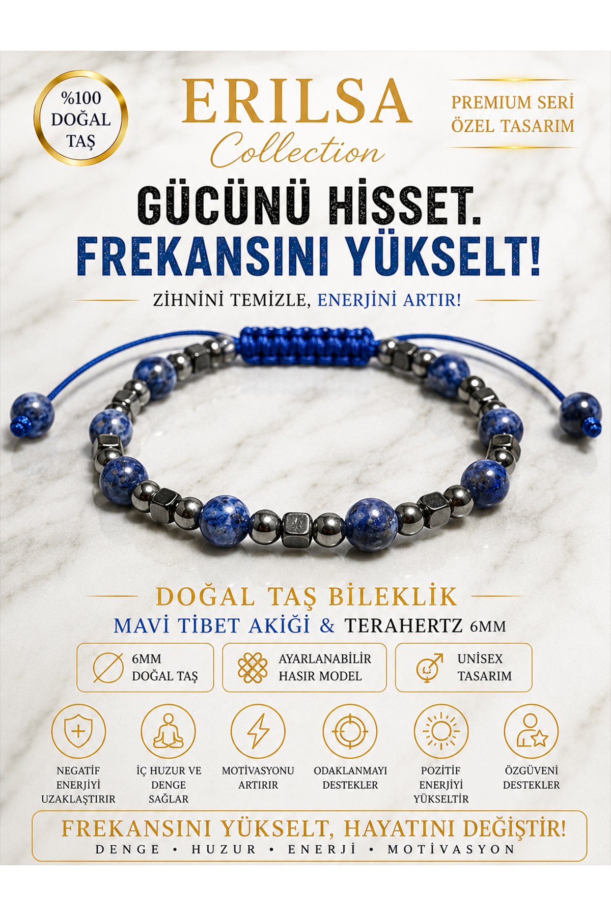 Sertifikalı Mavi Tibet Akiği & Terahertz Doğal Taş Bileklik 6 MM Ayarlanabilir Unisex Premium Model