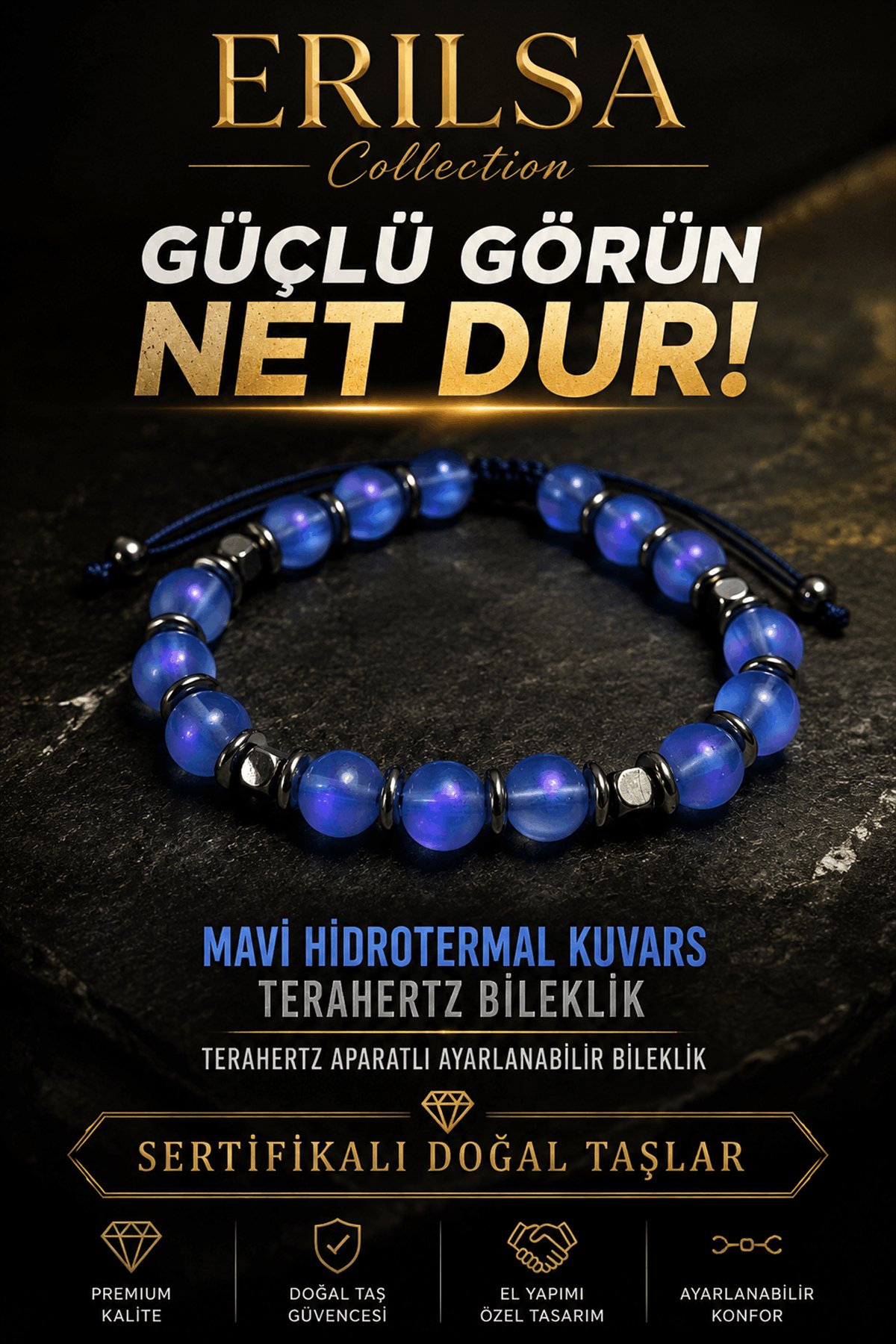 Sertifikalı Terahertz - Aura Mavi Hidrotermal Kuvars Taşı Bileklik - 8 MM Ayarlanabilir Unisex
