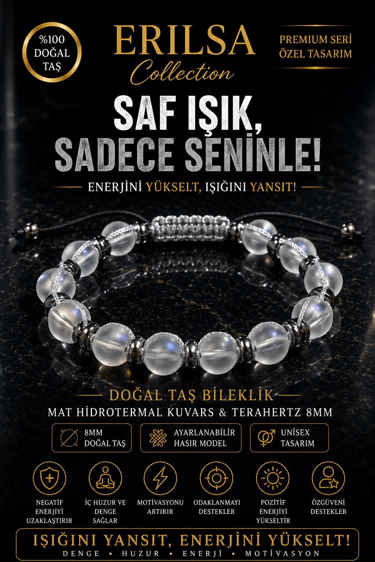 Sertifikalı Mat Hidrotermal Kuvars Terahertz Doğal Taş Bileklik 8 MM Ayarlanabilir Premium Model
