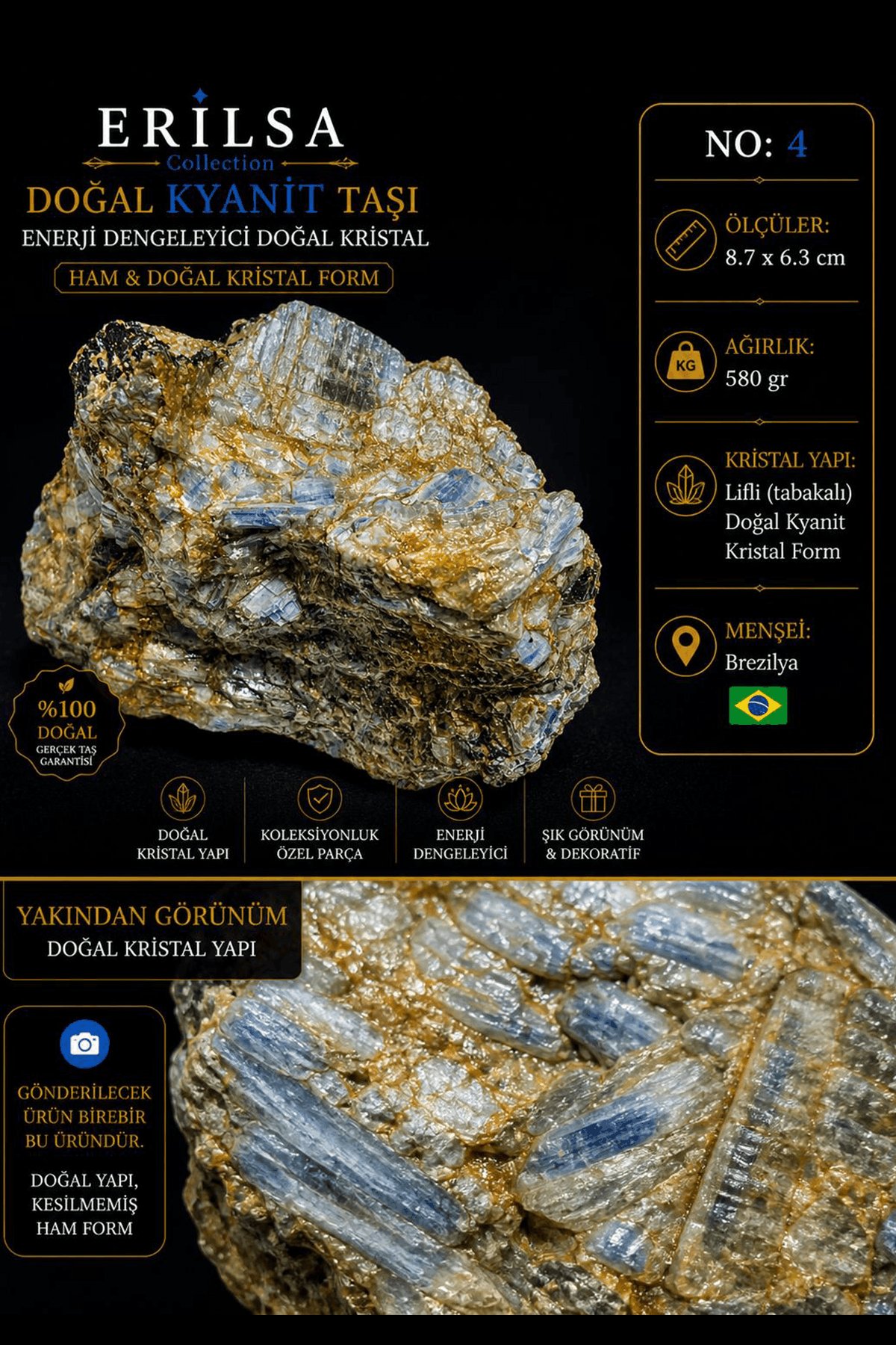 Sertifikalı Doğal Kyanit Taşı Kütle – Ham Kristal Koleksiyonluk Dekor Mineral NO4
