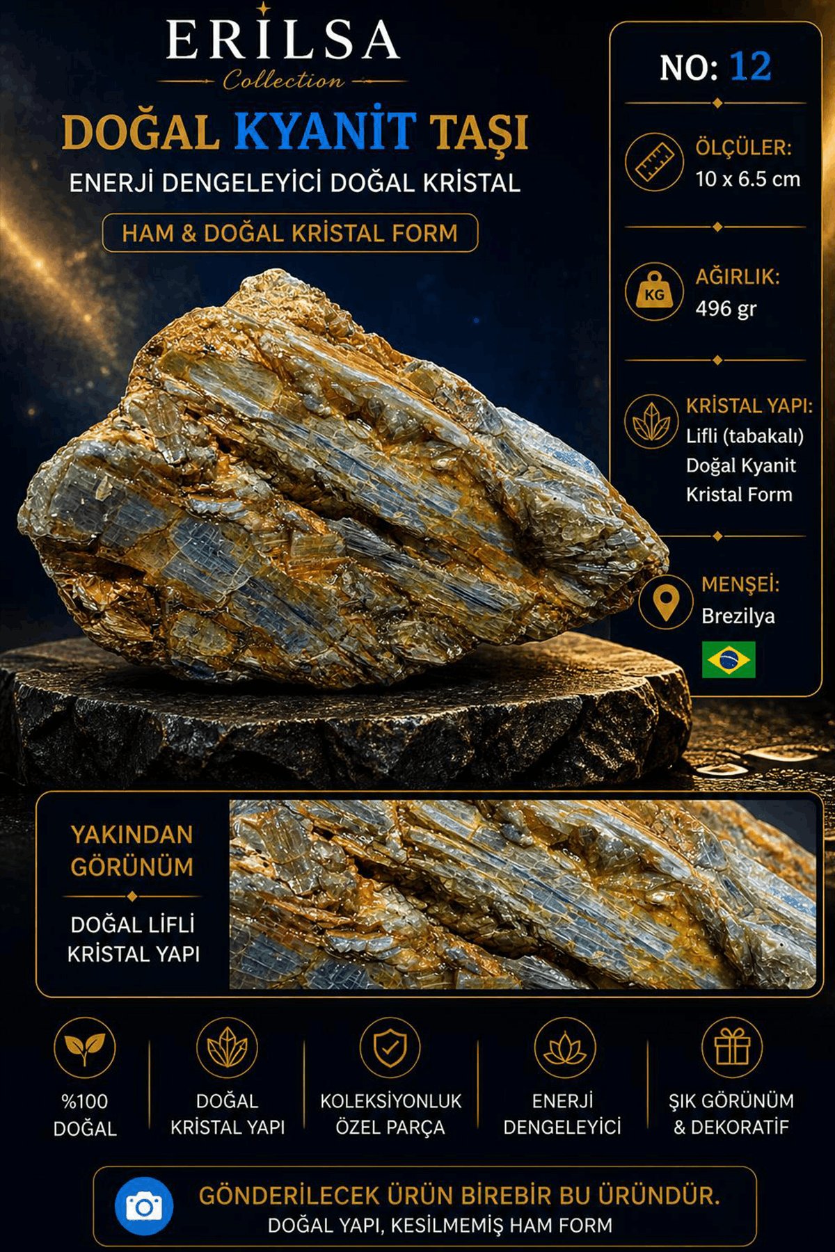 Sertifikalı Premium Doğal Kyanit Taşı Kütle – Ham Kristal Koleksiyonluk Dekor Mineral NO12