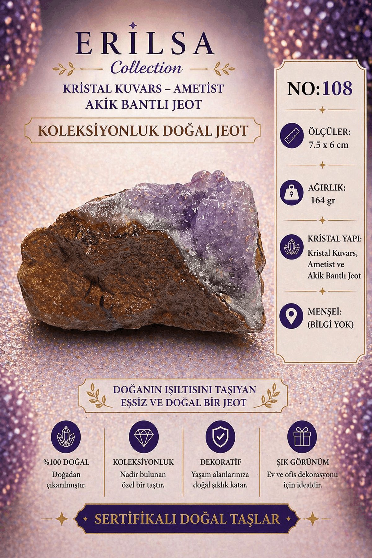 Sertifikalı Kristal Kuvars Ametist Akik Bantlı Jeot Doğal Taş Koleksiyonluk 7.5x6 cm 164 gr NO108