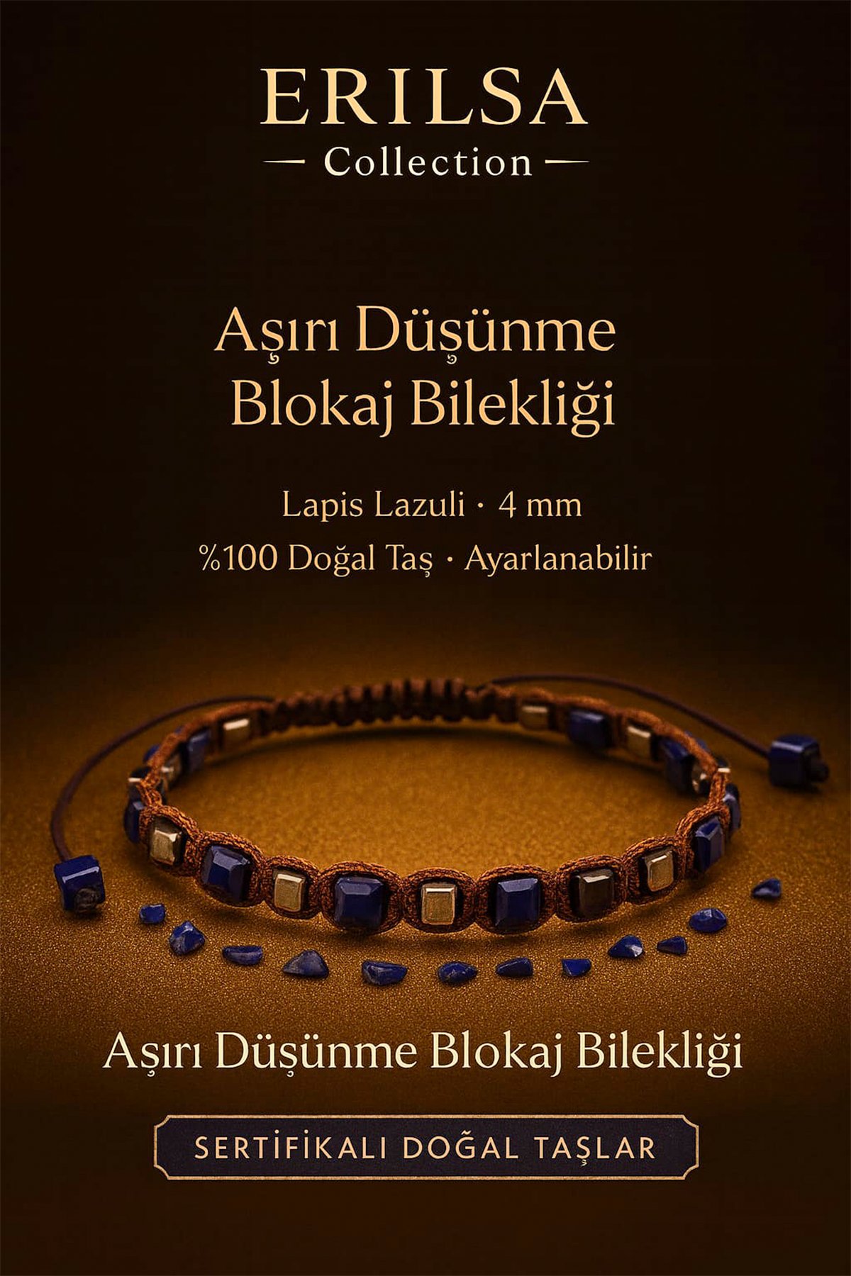 Sertifikalı Aşırı Düşünme Blokaj Enerji Bilekliği – Lapis Lazuli Doğal Taş 4 mm Ayarlanabilir