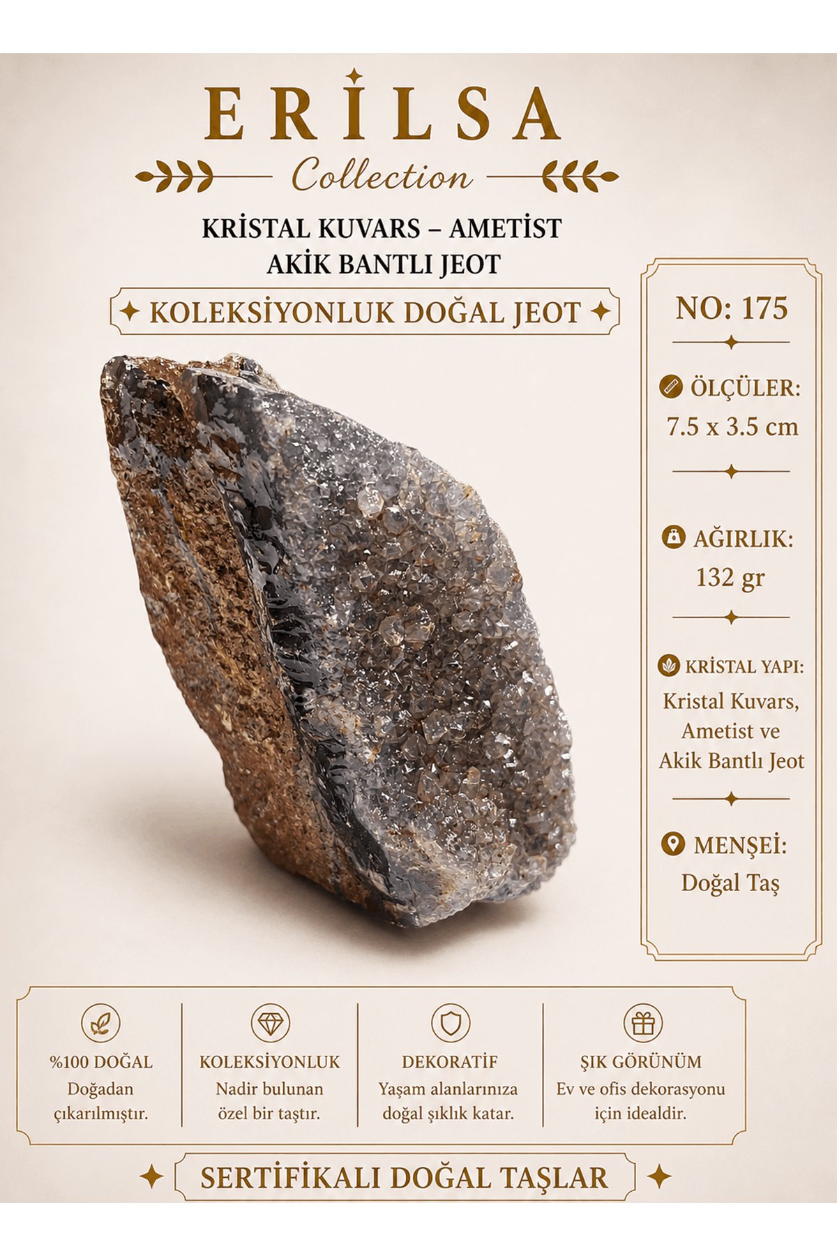 Sertifikalı Kristal Kuvars Ametist Akik Bantlı Jeot Koleksiyonluk Doğal Taş Dekoratif Obje NO 175
