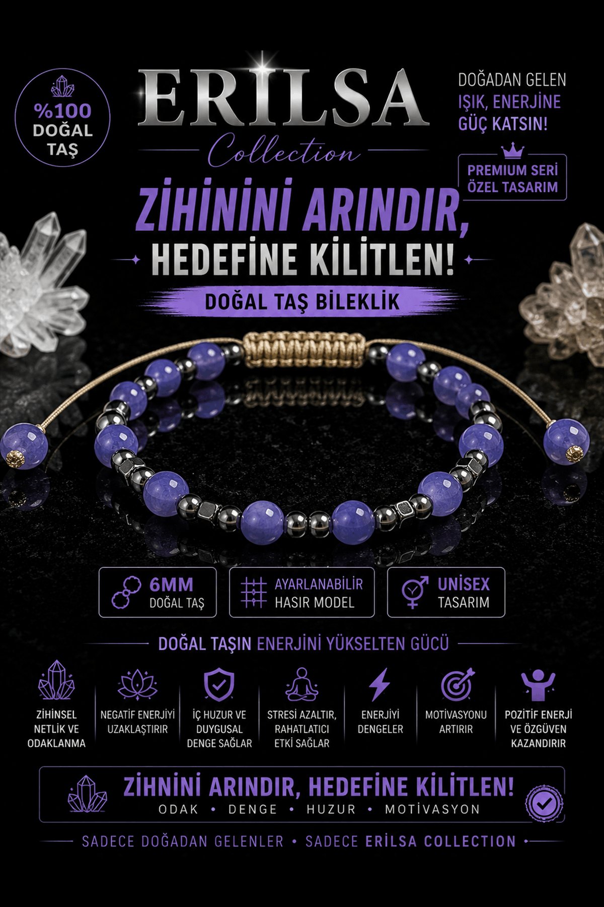 Sertifikalı Mor Kuvars Doğal Taş Terahertz Bileklik 6 MM Ayarlanabilir Unisex Premium Model
