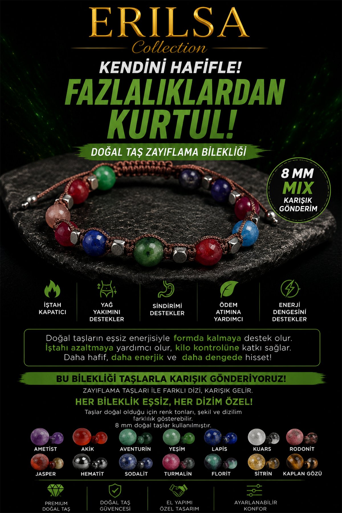 Sertifikalı Doğal Taş Metabolizma Bilekliği 8 MM Mix Taş Ayarlanabilir Unisex - Akik Yeşim Kuvars