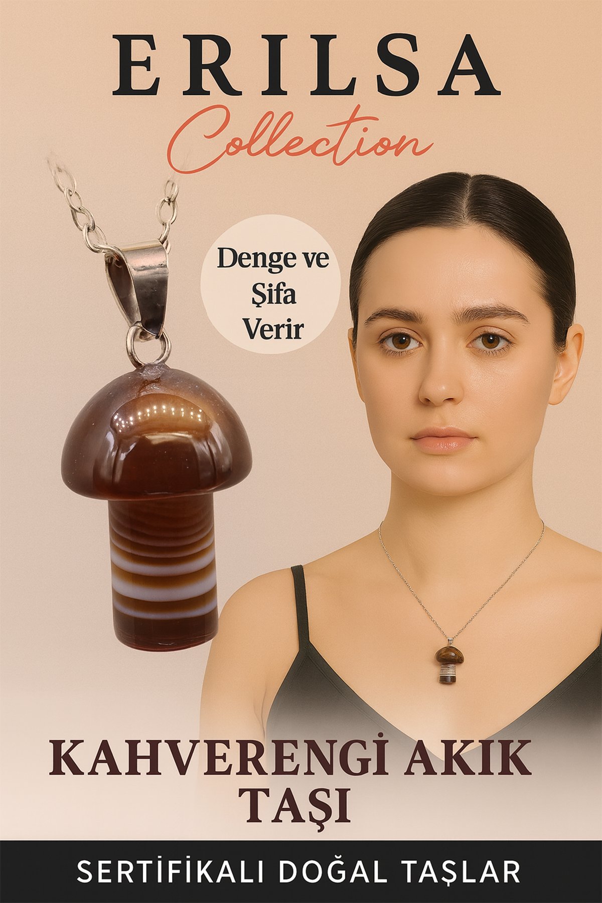 Sertifikalı Mantar Model Kahverengi Akik Taşı Kolye - Denge ve Şifa Veren Doğal Taş