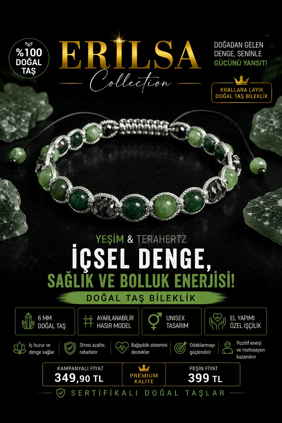 Sertifikalı Yeşim Terahertz Doğal Taş Bileklik 6 MM Ayarlanabilir Unisex Premium Model