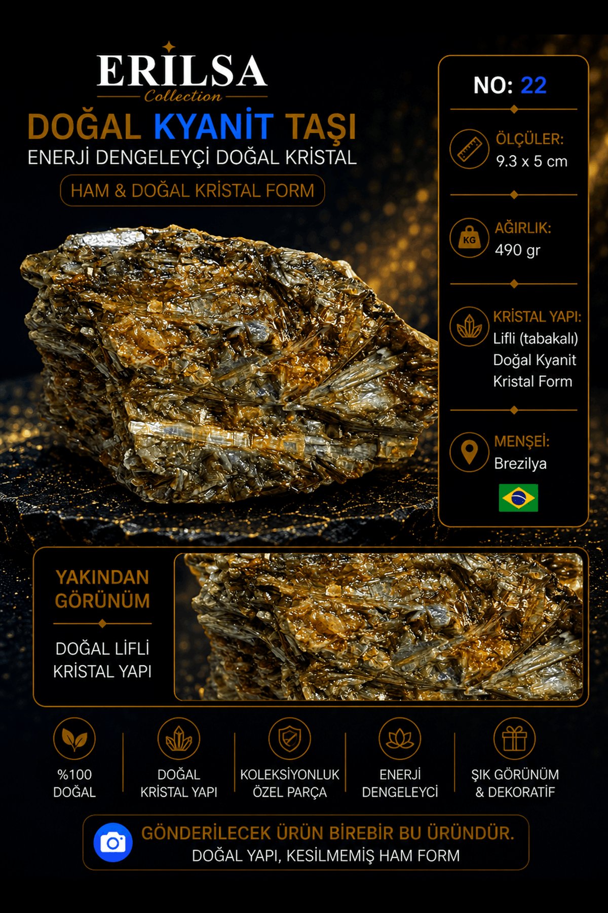 Sertifikalı Doğal Kyanit Taşı Kütle Ham Kristal Kaya Dekoratif Mineral Taş No 22