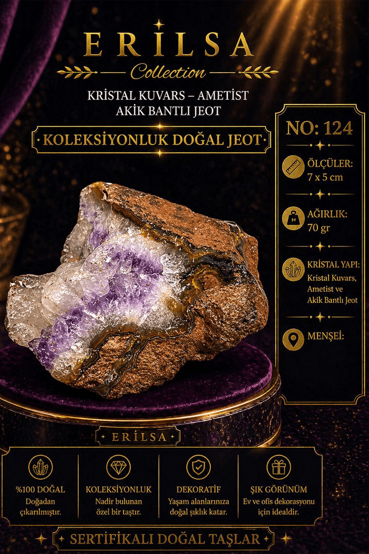 Sertifikalı Kristal Kuvars Ametist Akik Bantlı Jeot Koleksiyonluk Doğal Taş Dekoratif Obje NO124