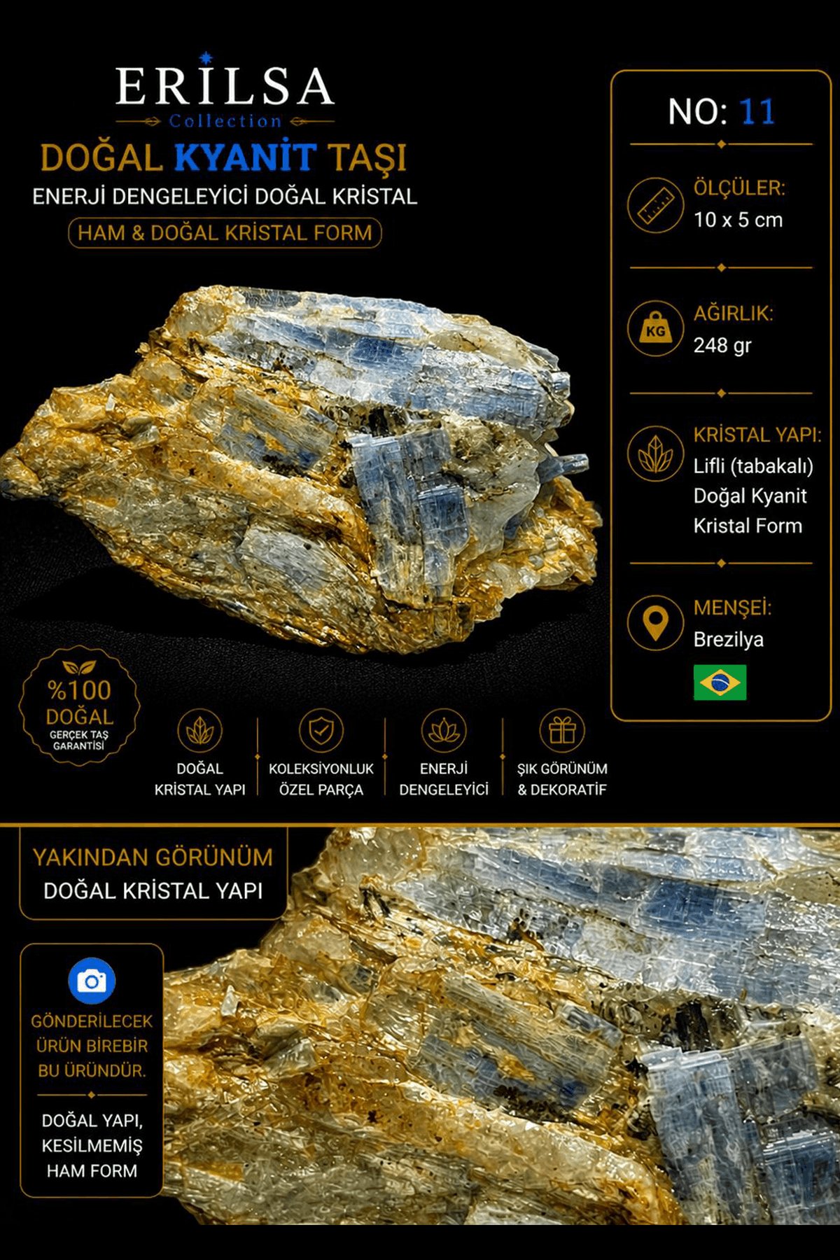 Sertifikalı Doğal Kyanit Taşı Kütle – Ham Kristal Yapılı Koleksiyonluk Mineral Taşı NO11