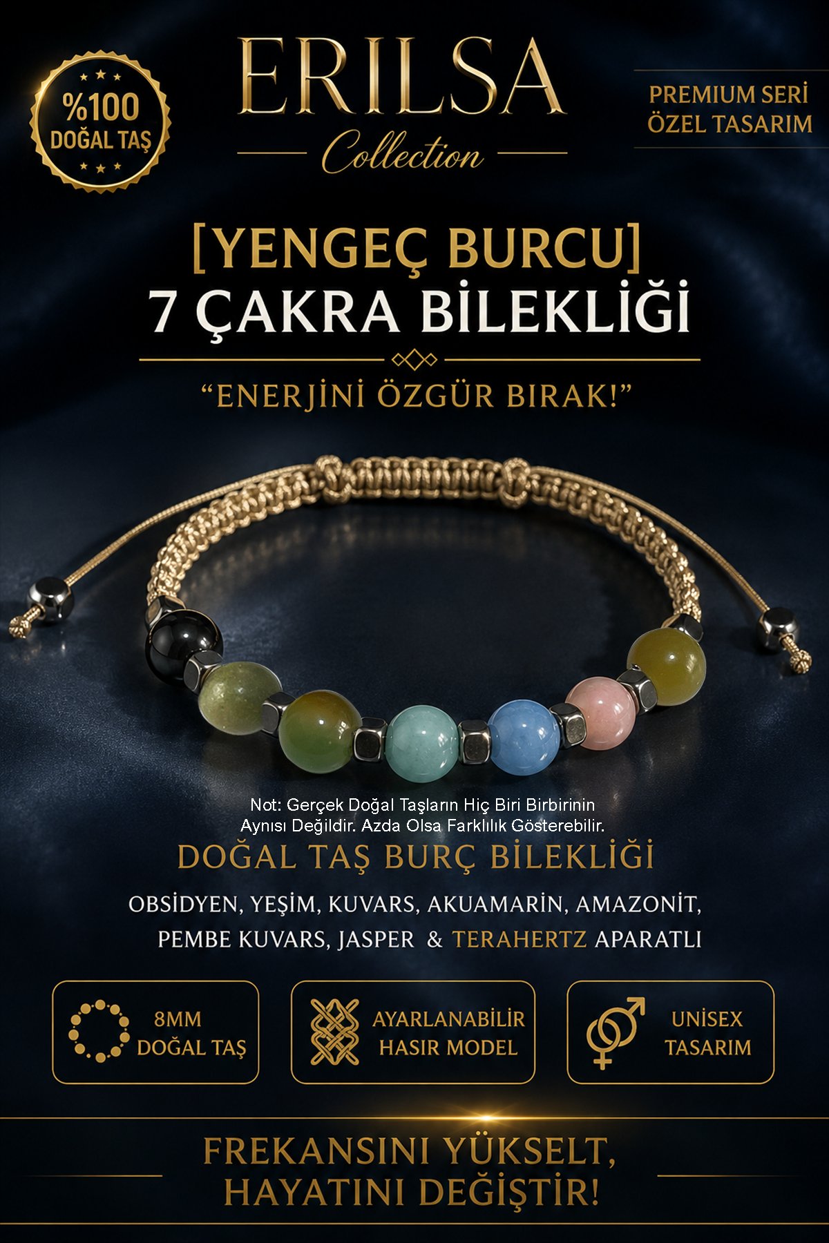 Sertifikalı Yengeç Burcu 7 Çakra Doğal Taş Bileklik -Ayarlamalı Unisex Lüks Hem Bileklik Hem Halhal