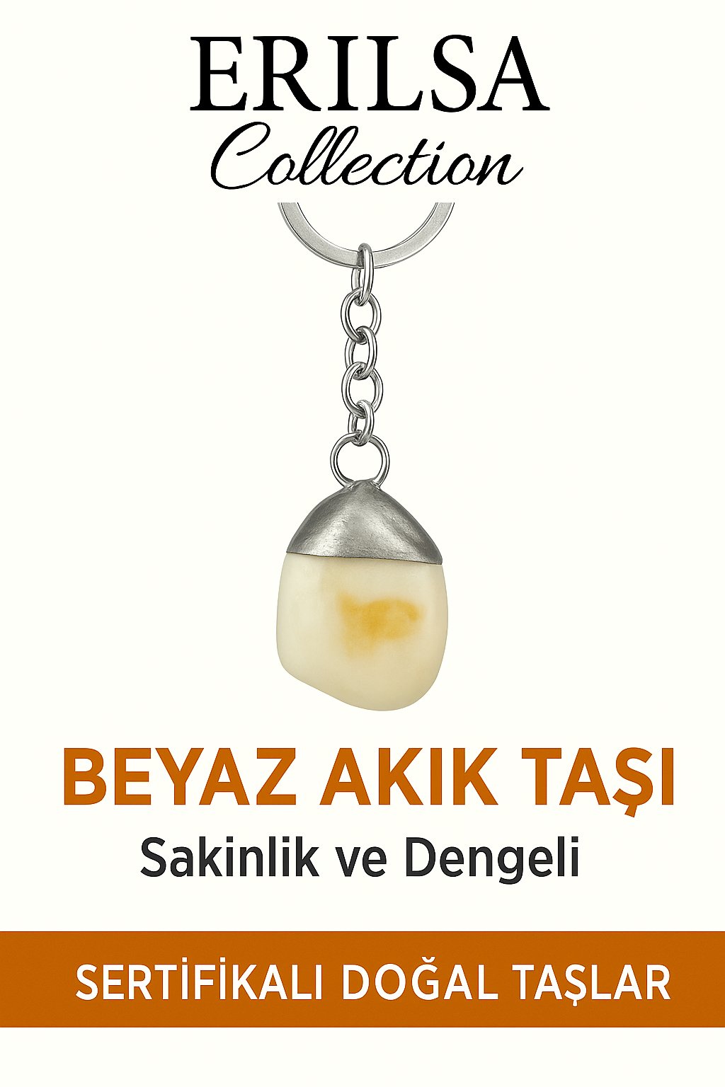 Sertifikalı Beyaz Akik Taşı Anahtarlık – Saflık, Huzur ve Enerji Dengeleyici Taş