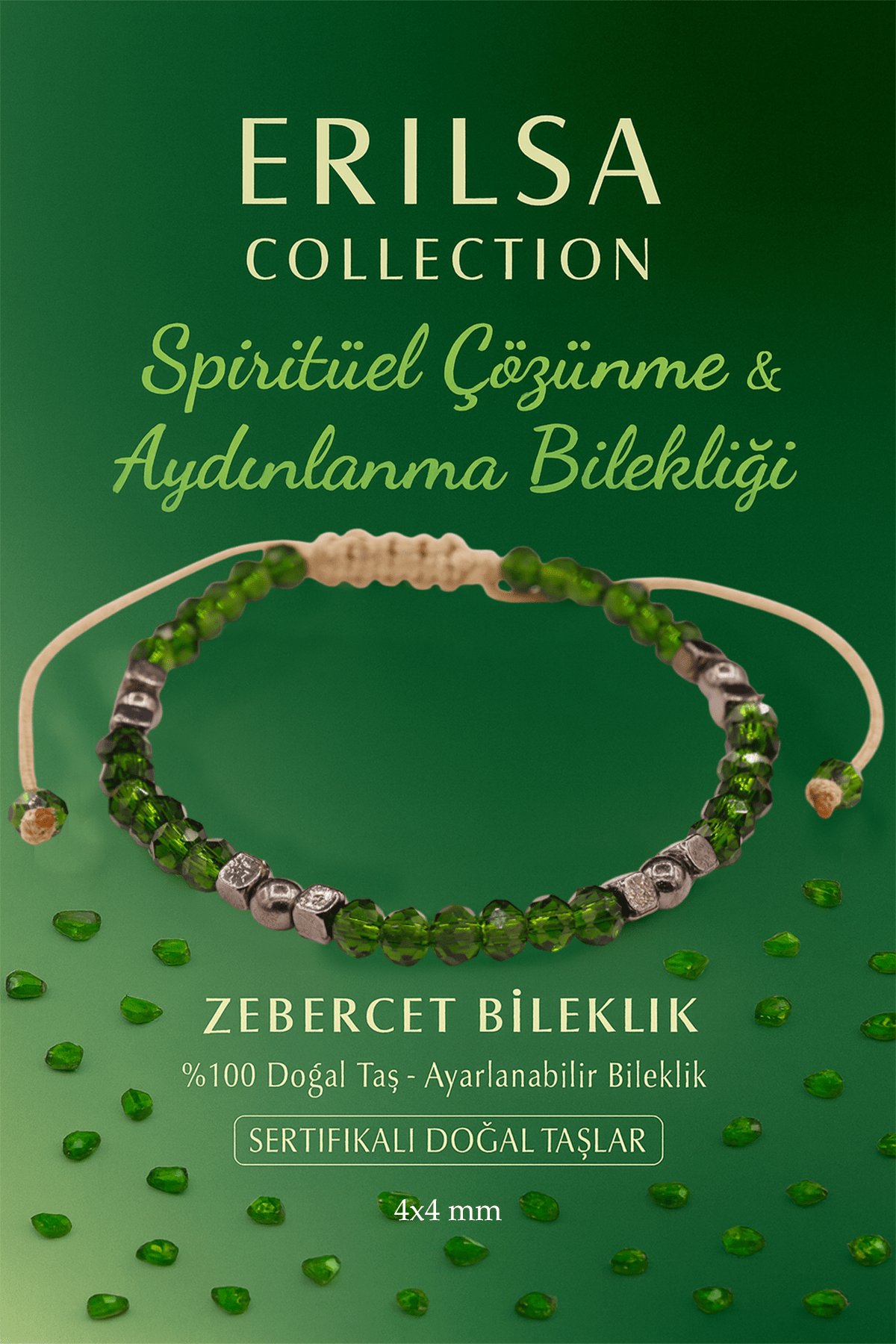 Sertifikalı Spiritüel Çözünme ve Aydınlanma Bilekliği – Zebercet Peridot ve Terahertz Doğal Taş 4x4