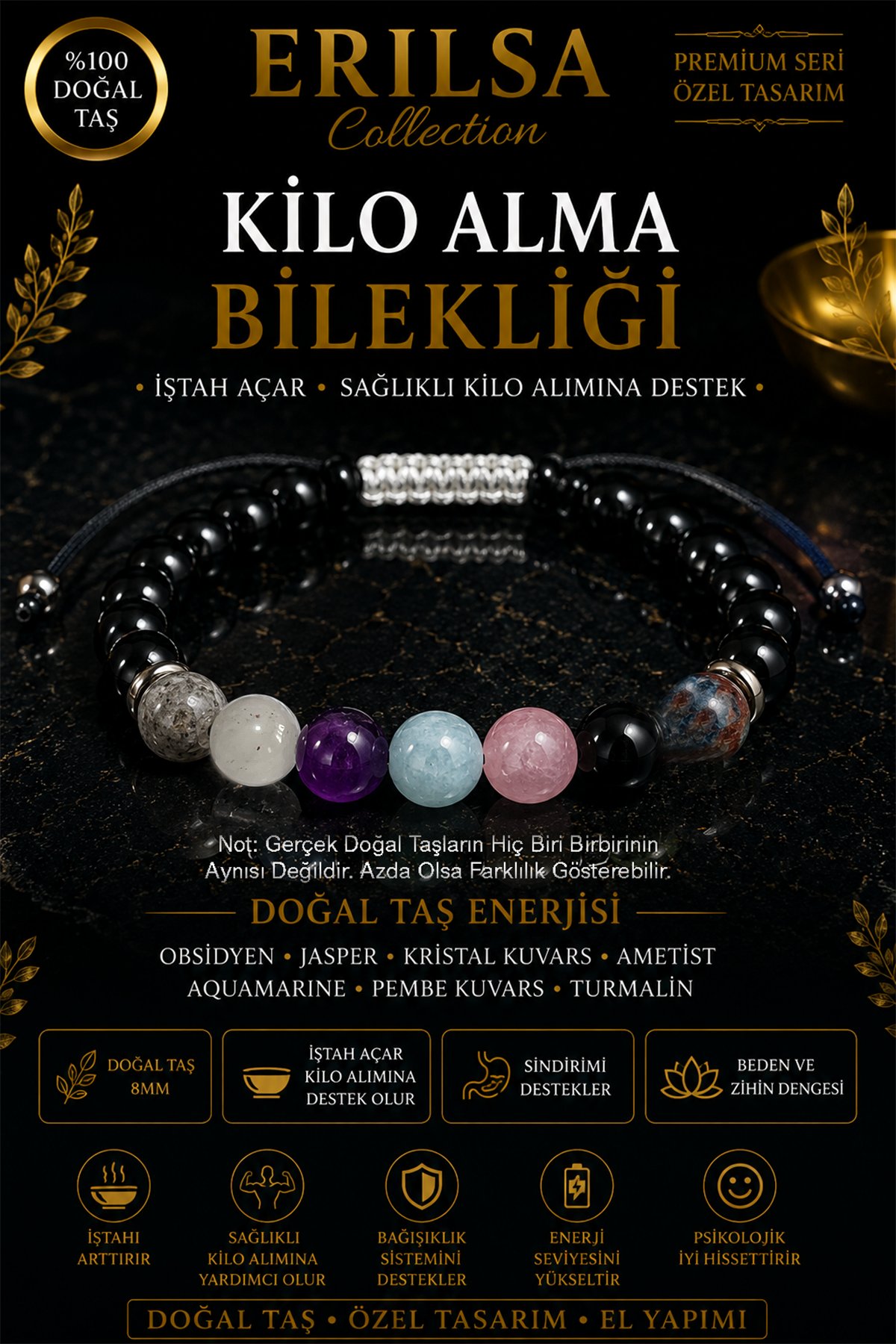 Sertifikalı Kilo Almaya Yardımcı İştah Açıcı Doğal Taş Bileklik - Ayarlanabilir Unisex Lüks Tasarım