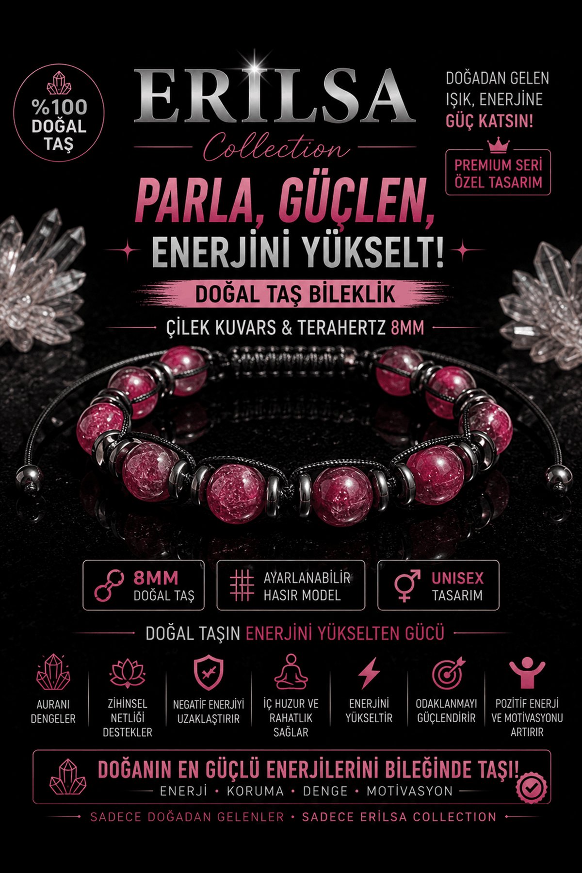 Sertifikalı Çilek Kuvars Terahertz Doğal Taş Bileklik 8 MM Ayarlanabilir Unisex Premium Model