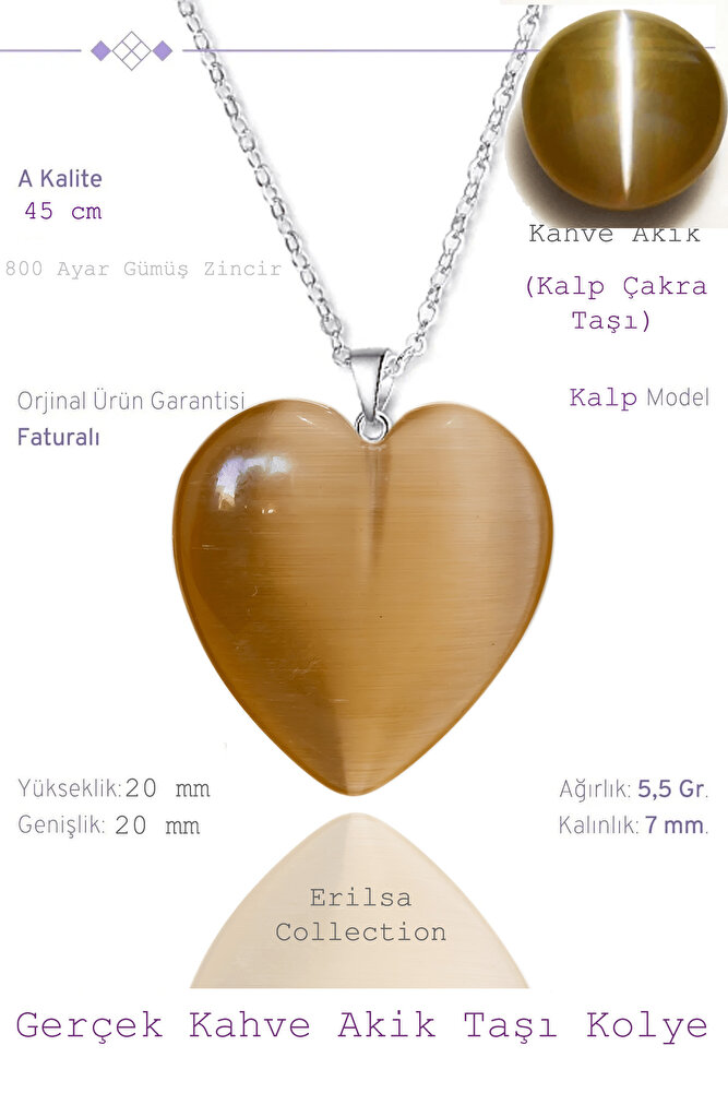 Sertifikalı Kalp Model Kahverengi Akik Taşı Kolye (Gümüş Aparatlı)