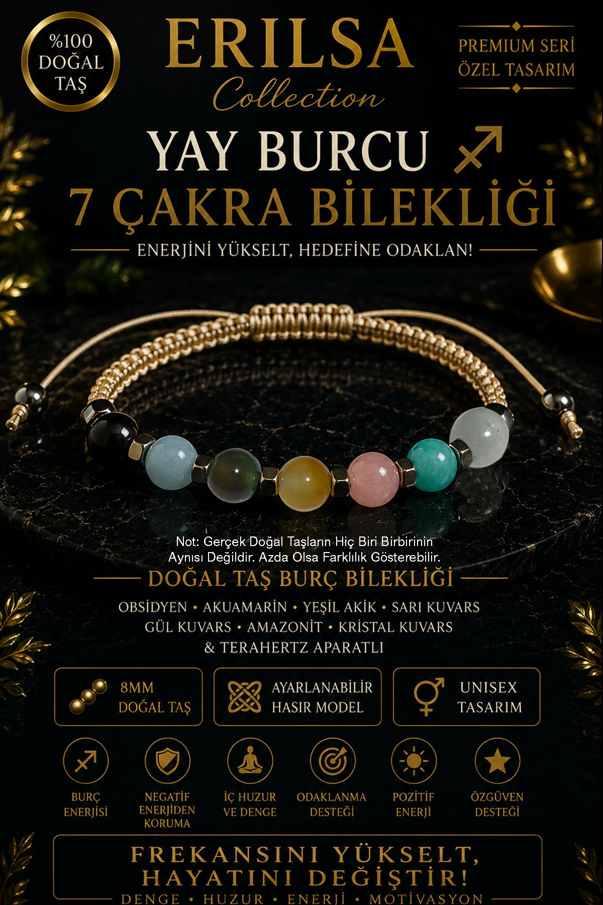 Sertifikalı Yay Burcu 7 Çakra Doğal Taş Bileklik - Ayarlamalı Unisex Lüks Hem Bileklik Hem Halhal